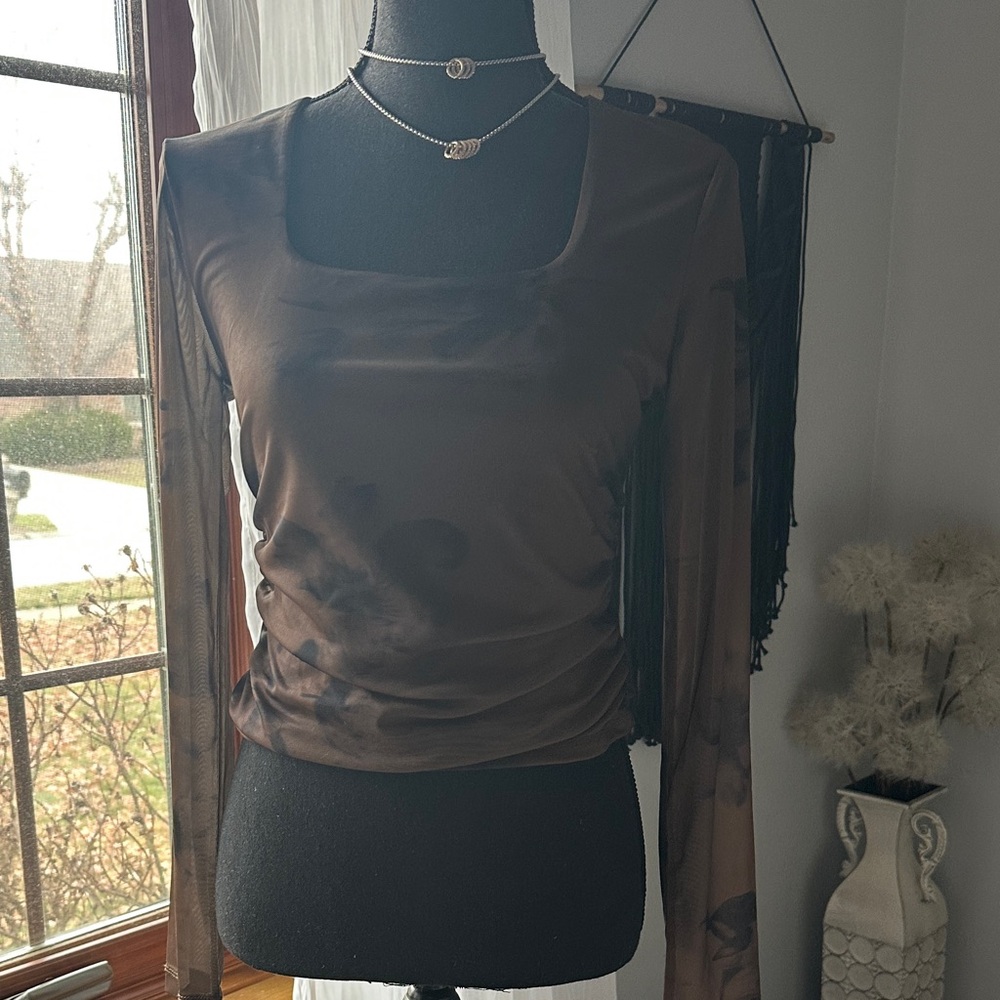 Steve Madden Dark Brown Sheer Long Sleeve Blouse
